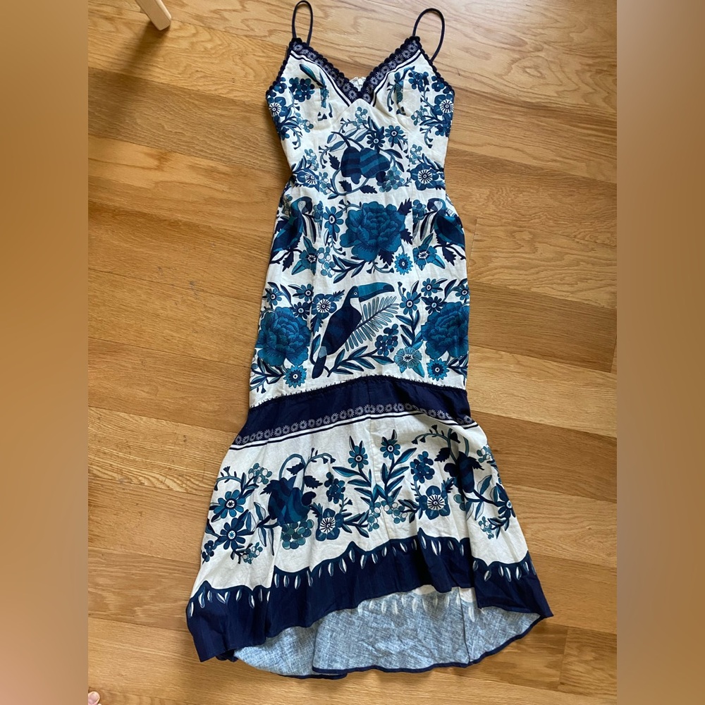 FARM Rio Blue and Cream Tropical Tiles Maxi Dress